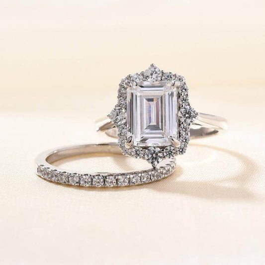 Unique Halo Emerald Cut Wedding Ring Set - Black Diamonds New York