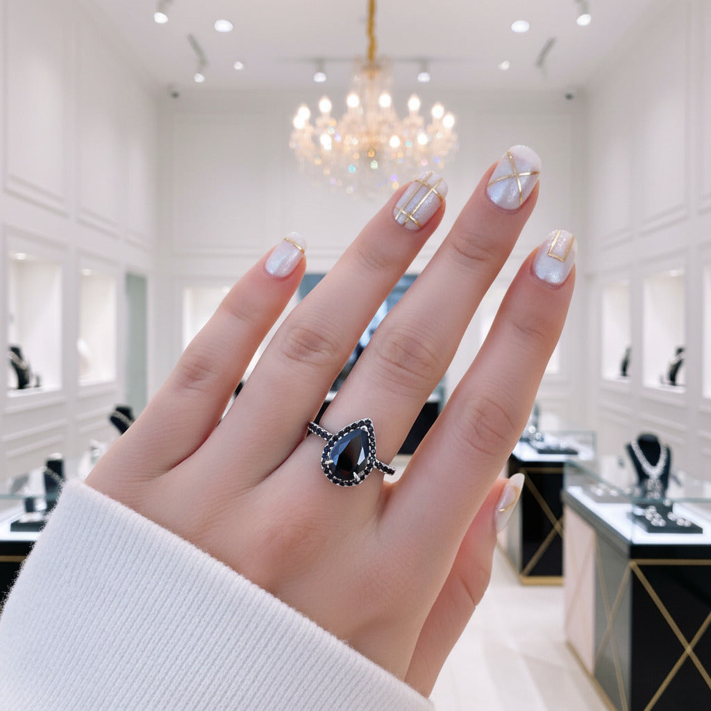 Unique Pear Cut Halo Black Diamond Option Engagement Ring – Black