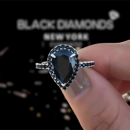 Unique Pear Cut Halo Black Diamond Engagement Ring - Black Diamonds New York