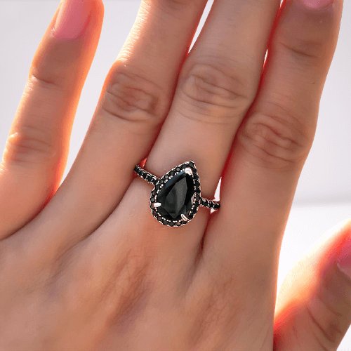 Unique Rose Gold Pear Cut Halo Black Diamond Engagement Ring - Black Diamonds New York
