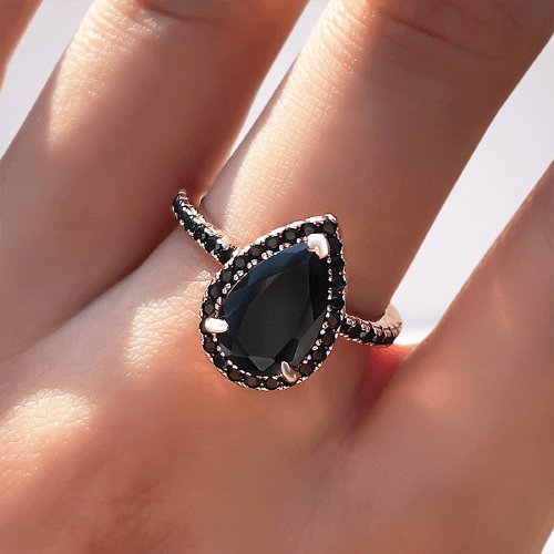 Unique Rose Gold Pear Cut Halo Black Diamond Engagement Ring - Black Diamonds New York