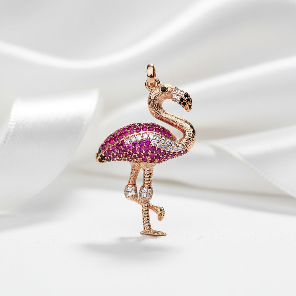 Unique Rose Gold Punk-Style Flamingo Pendant-Black Diamonds New York