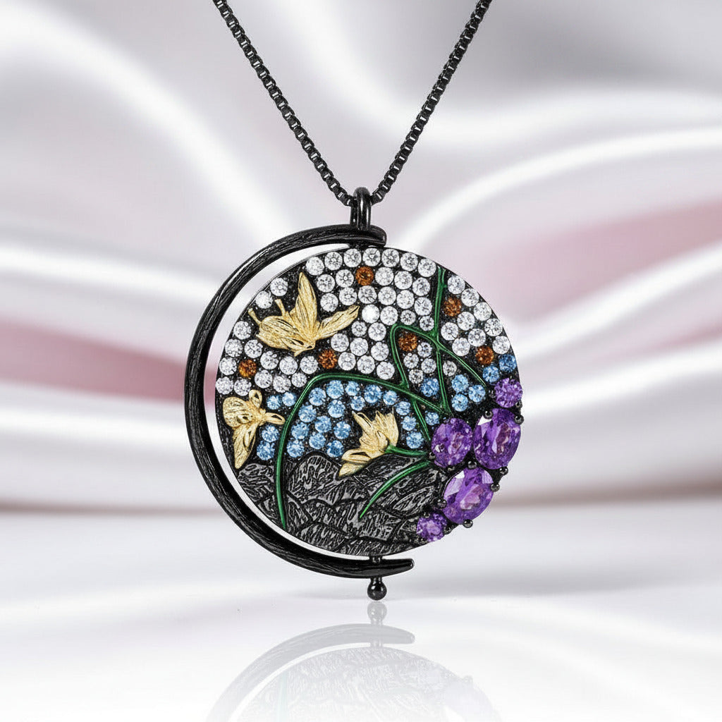 Unique Rotatable Butterfly Handmade Pendant Necklace-Black Diamonds New York