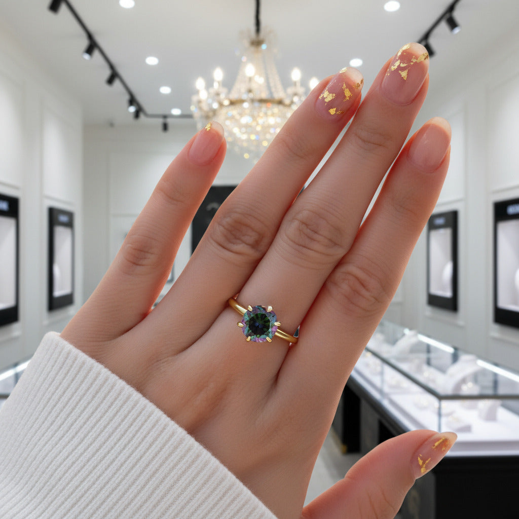 Unique Yellow Gold Round Cut Alexandrite Engagement Ring-Black Diamonds New York