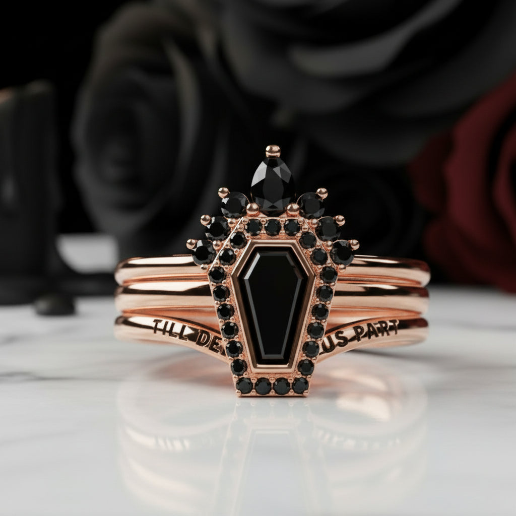 Until Death Rings- Limited Coffin Shape Diamond Option Wedding Rings-Black Diamonds New York