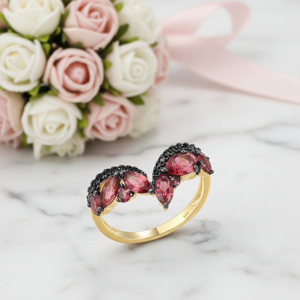 V-Shaped Cluster Garnet Nano Spinel Ring-Black Diamonds New York
