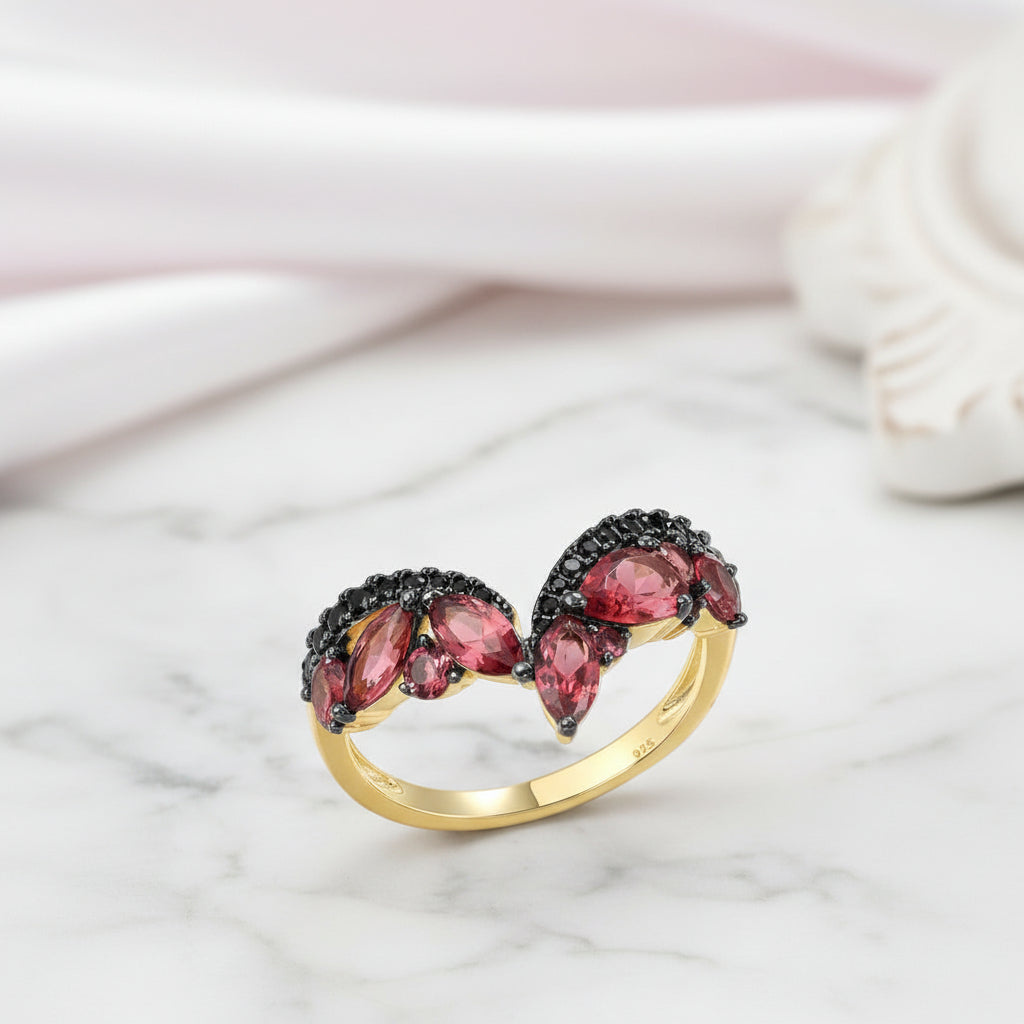 V-Shaped Cluster Garnet Nano Spinel Ring-Black Diamonds New York