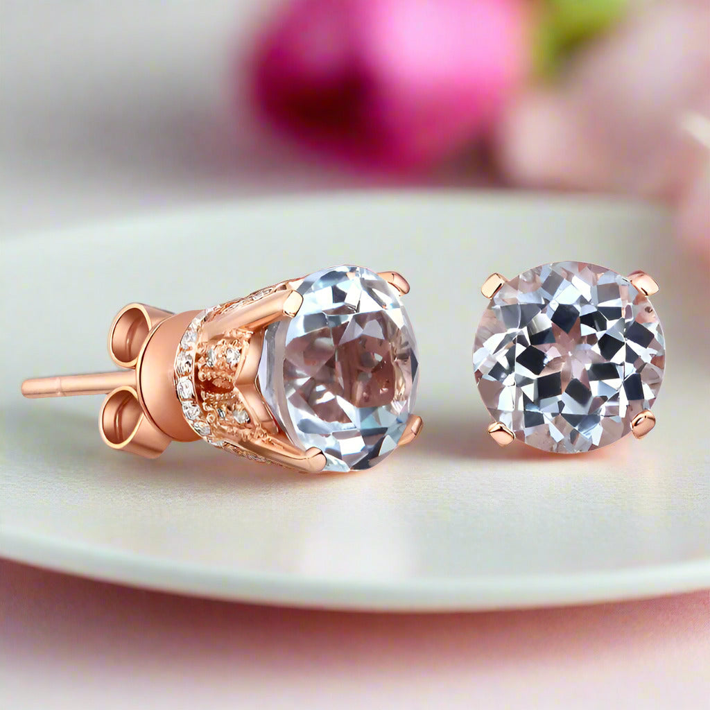 Vintage 14k Rose Gold Clear Topaz Stud Earrings with Natural 0.12 Ct Diamonds-Black Diamonds New York