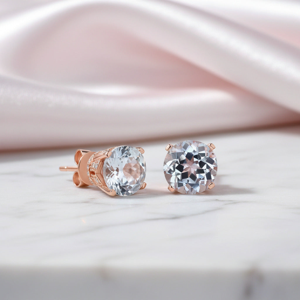Vintage 14k Rose Gold Clear Topaz Stud Earrings with 0.12 Ct Diamond Options-Black Diamonds New York