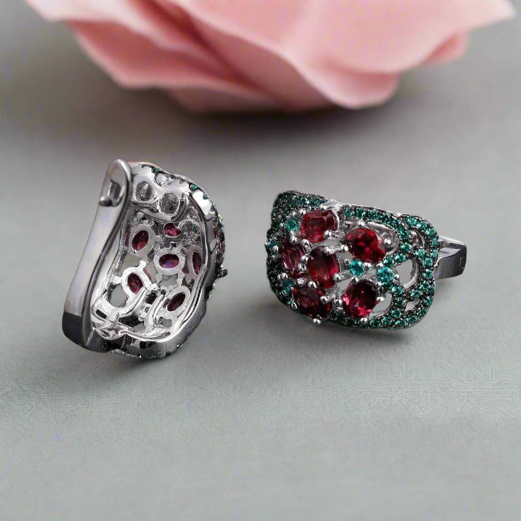 Vintage 3.0 Ct Rhodolite Garnet Gemstone Earrings-Black Diamonds New York