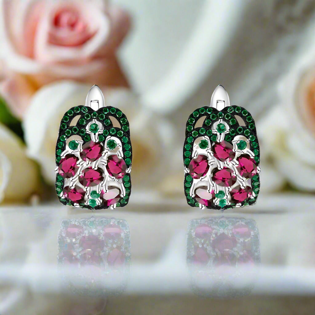 Vintage 3.0 Ct Rhodolite Garnet Gemstone Earrings-Black Diamonds New York