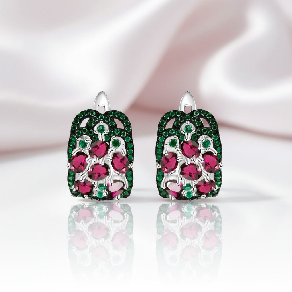 Vintage 3.0 Ct Rhodolite Garnet Gemstone Earrings-Black Diamonds New York