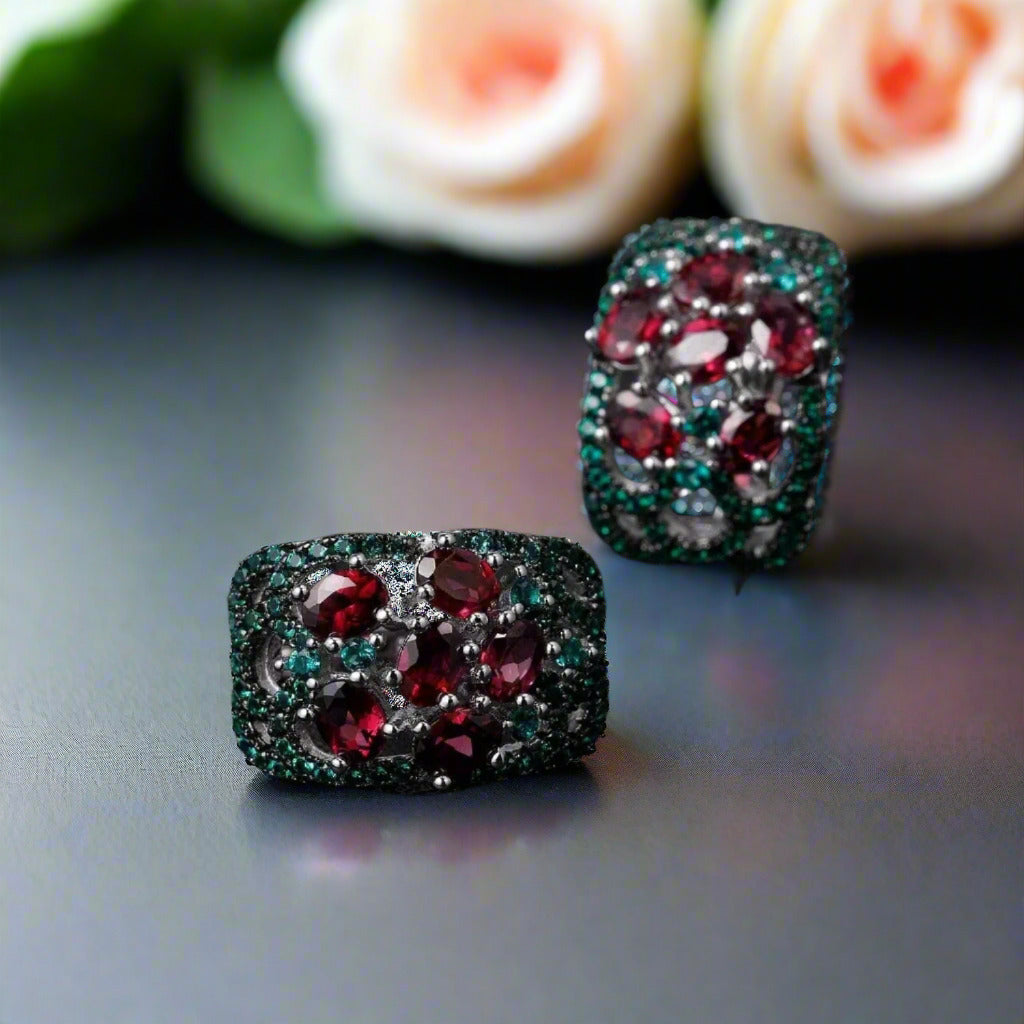 Vintage 3.0 Ct Rhodolite Garnet Gemstone Earrings-Black Diamonds New York