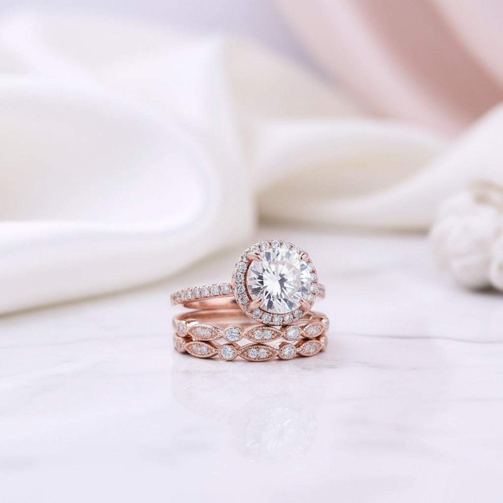 Vintage 3PC Halo Round Cut Wedding Ring Set In Rose Gold-Black Diamonds New York