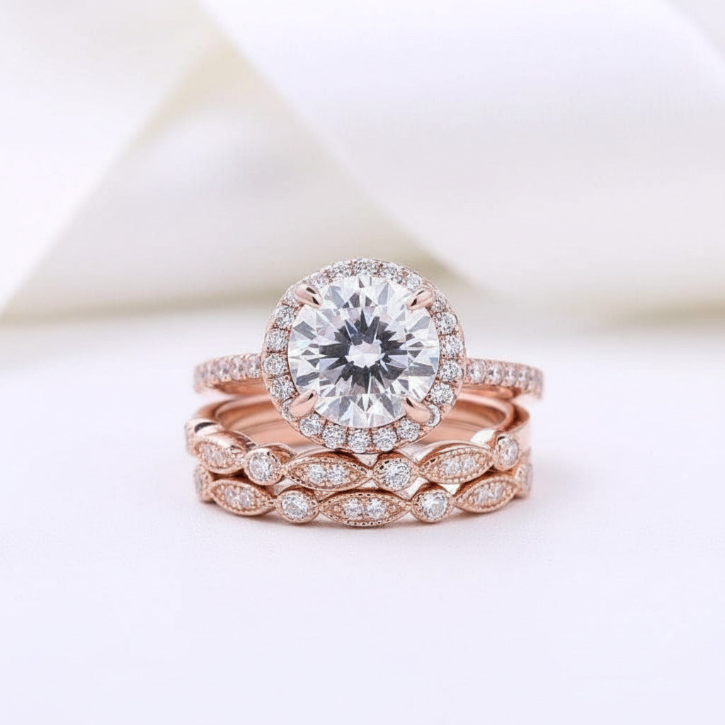 Vintage 3PC Halo Round Cut Wedding Ring Set In Rose Gold-Black Diamonds New York