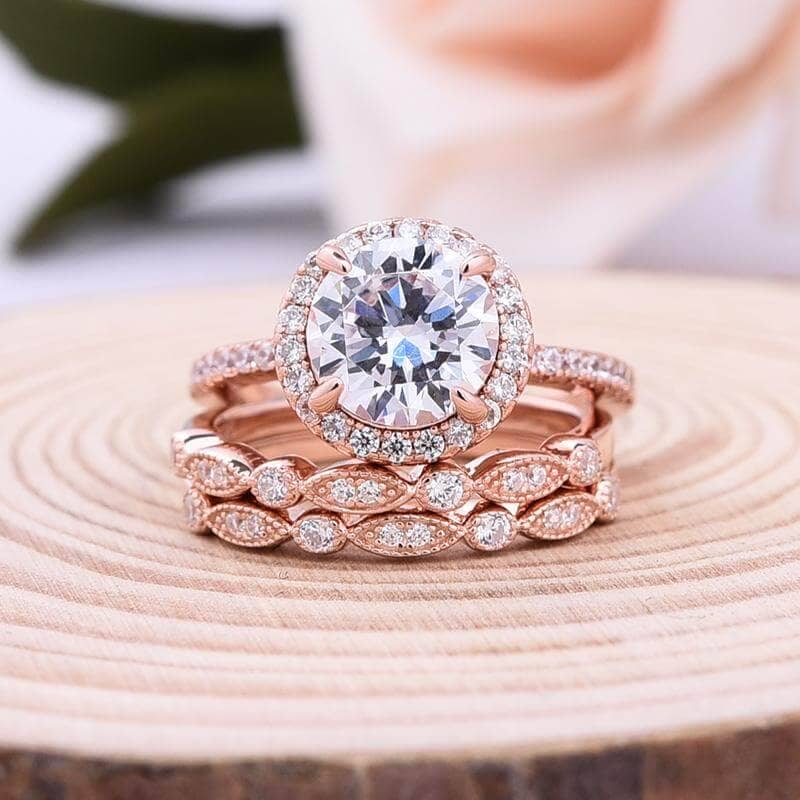 Vintage 3PC Halo Round Cut Wedding Ring Set In Rose Gold - Black Diamonds New York