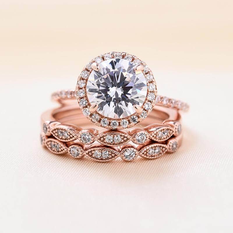 Vintage 3PC Halo Round Cut Wedding Ring Set In Rose Gold-Black Diamonds New York
