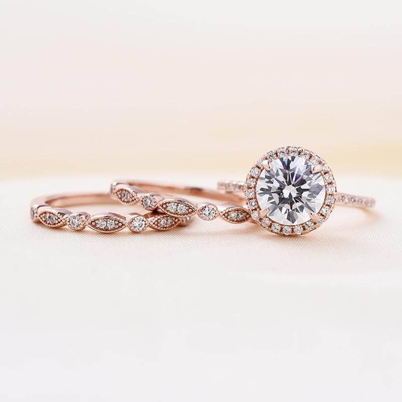 Vintage 3PC Halo Round Cut Wedding Ring Set In Rose Gold - Black Diamonds New York