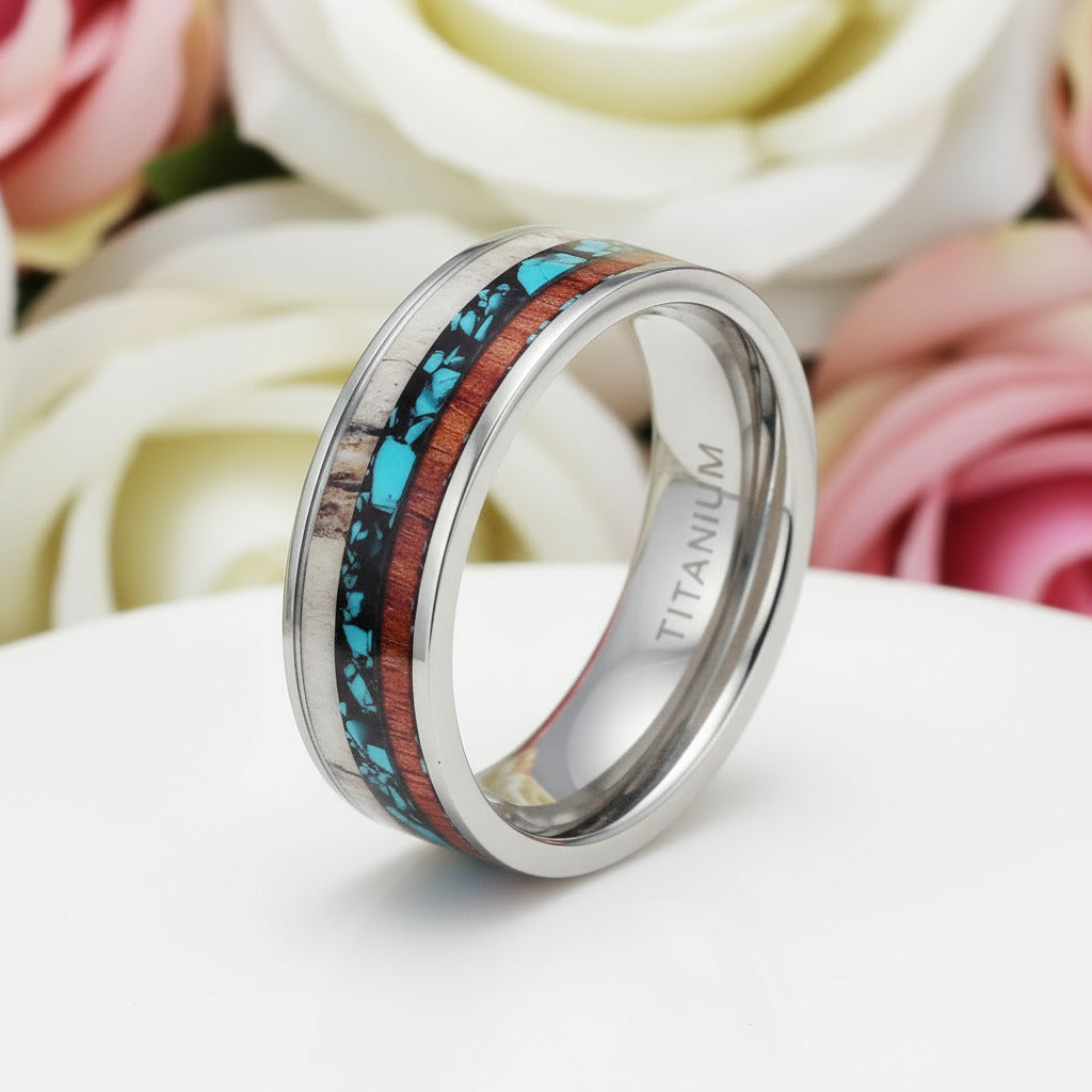 Vintage Antler & Wood Men's Titanium Wedding Band-Black Diamonds New York