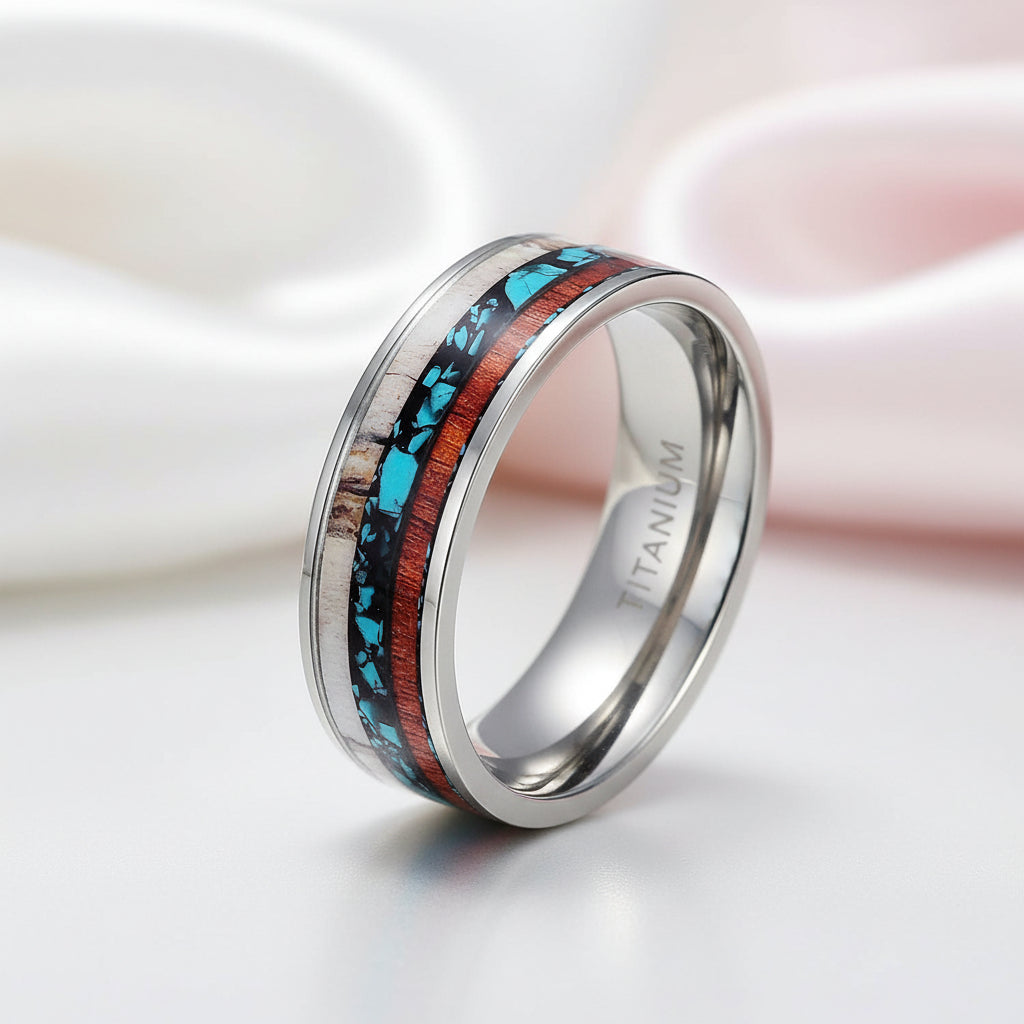 Vintage Antler & Wood Men's Titanium Wedding Band-Black Diamonds New York