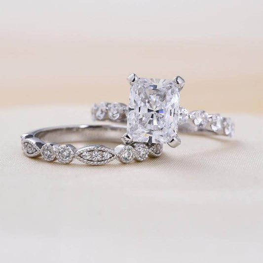 Vintage Art Deco Radiant Cut Wedding Ring Set - Black Diamonds New York