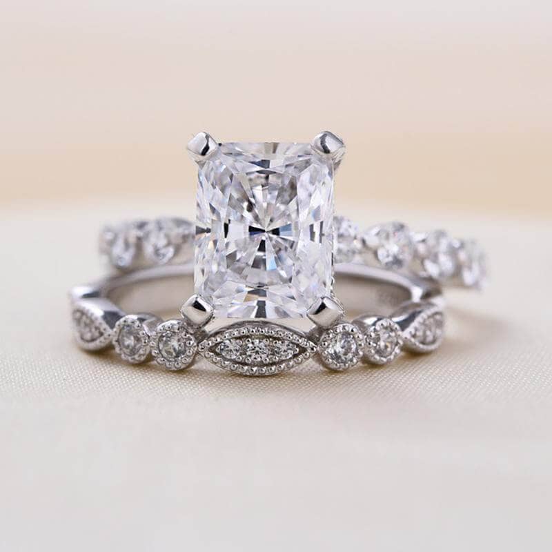 Vintage Art Deco Radiant Cut Wedding Ring Set-Black Diamonds New York