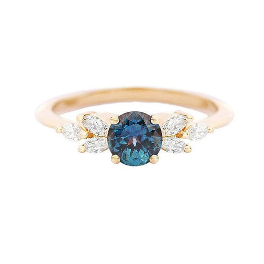 Vintage Art Deco Yellow Gold Round Cut Montana Blue Sapphire Engagement Ring - Black Diamonds New York