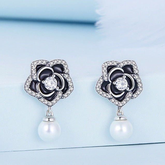 Vintage Black Camellia with Pearl Stud Earrings-Black Diamonds New York