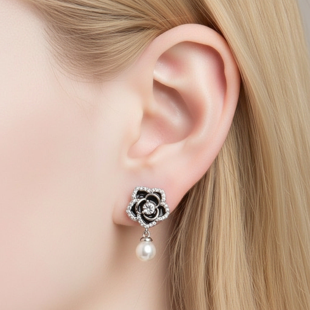 Vintage Black with Pearl Stud Earrings-Black Diamonds New York