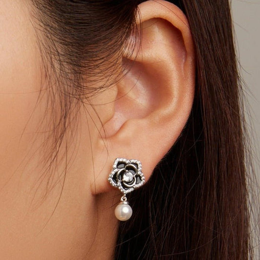 Vintage Black Camellia with Pearl Stud Earrings