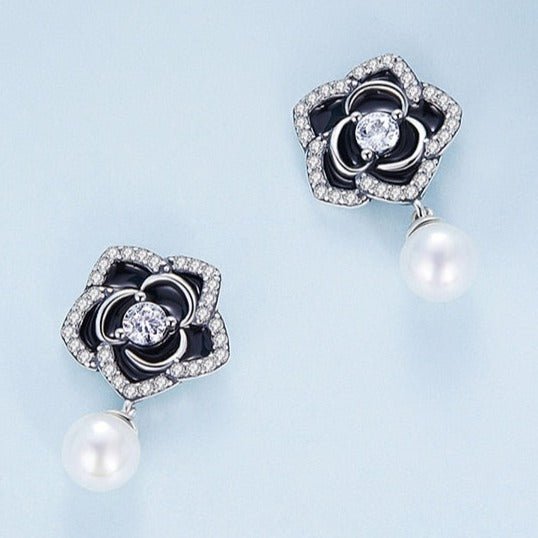 Vintage Black Camellia with Pearl Stud Earrings-Black Diamonds New York