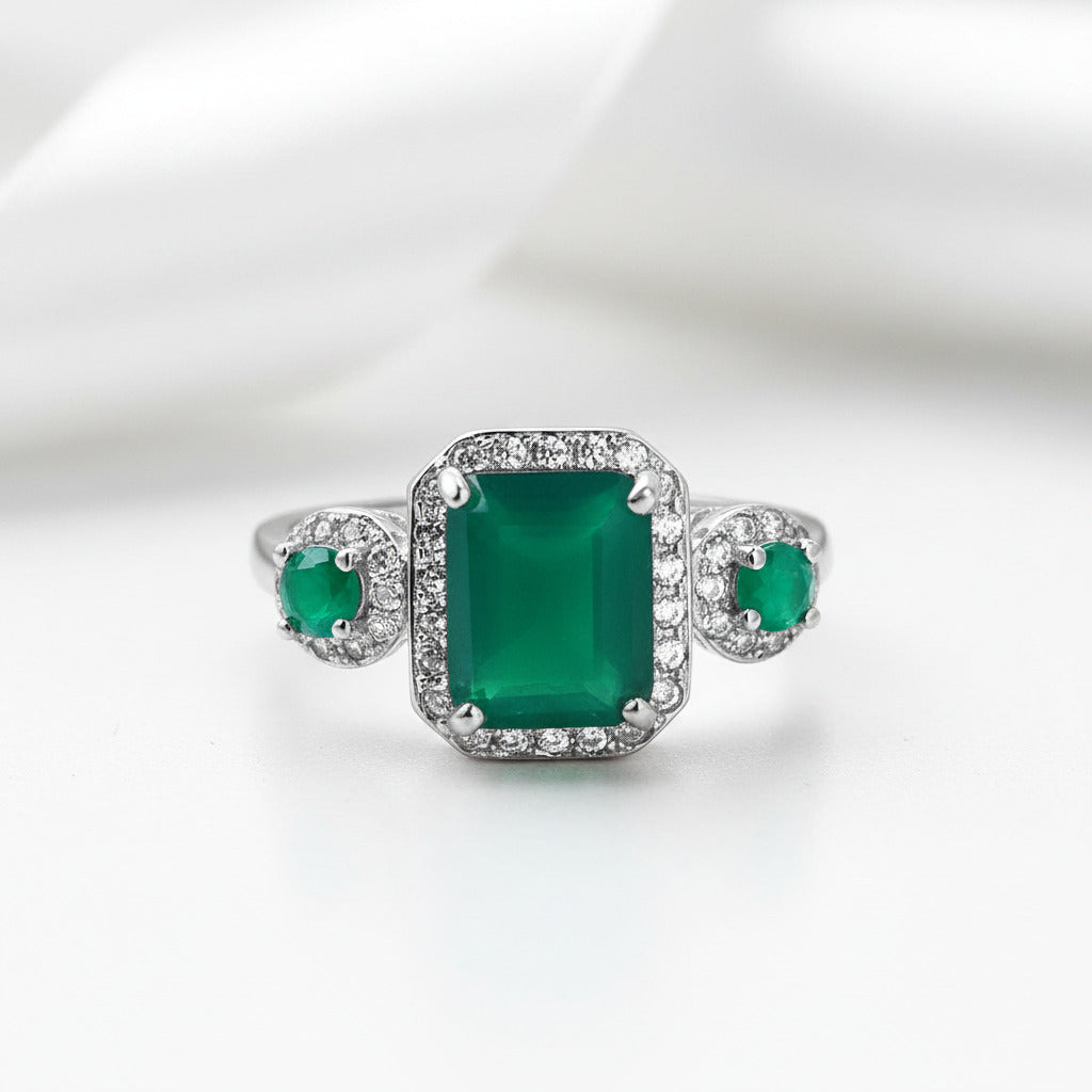 Vintage Emerald Cut Green Agate Gemstone Ring-Black Diamonds New York