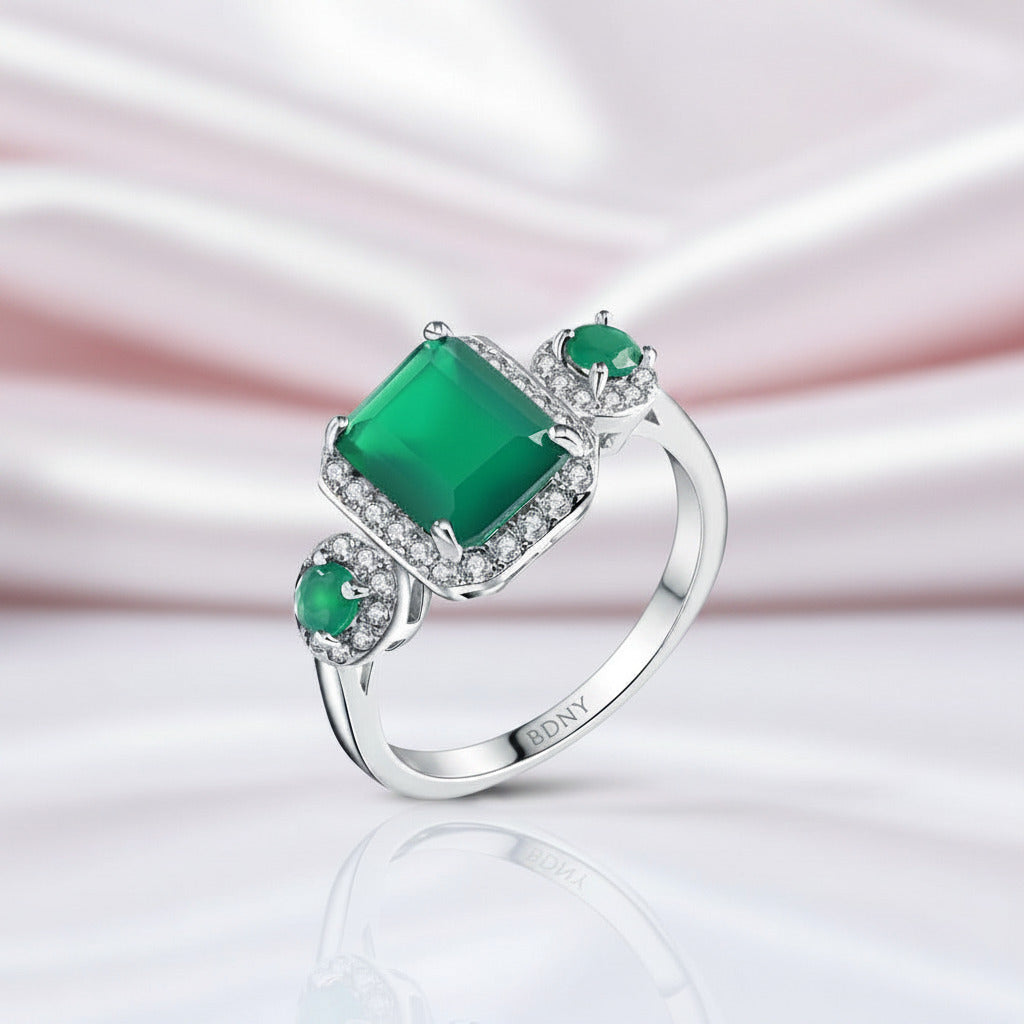Vintage Emerald Cut Green Agate Gemstone Ring-Black Diamonds New York