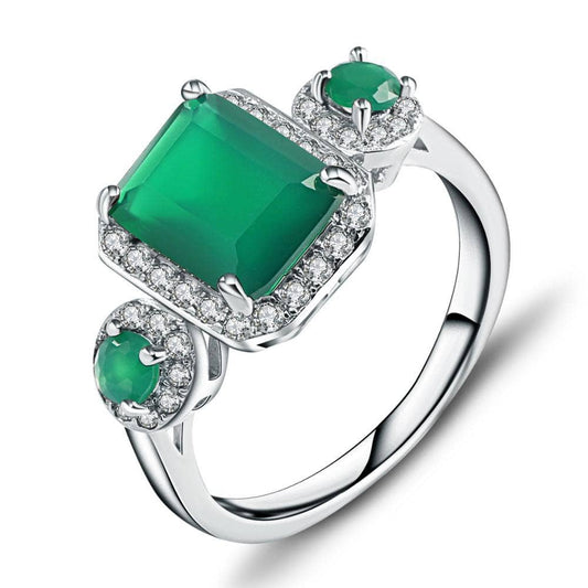Vintage Emerald Cut Green Agate Gemstone Ring-Black Diamonds New York