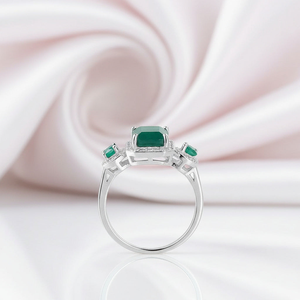 Vintage Emerald Cut Green Agate Gemstone Ring-Black Diamonds New York