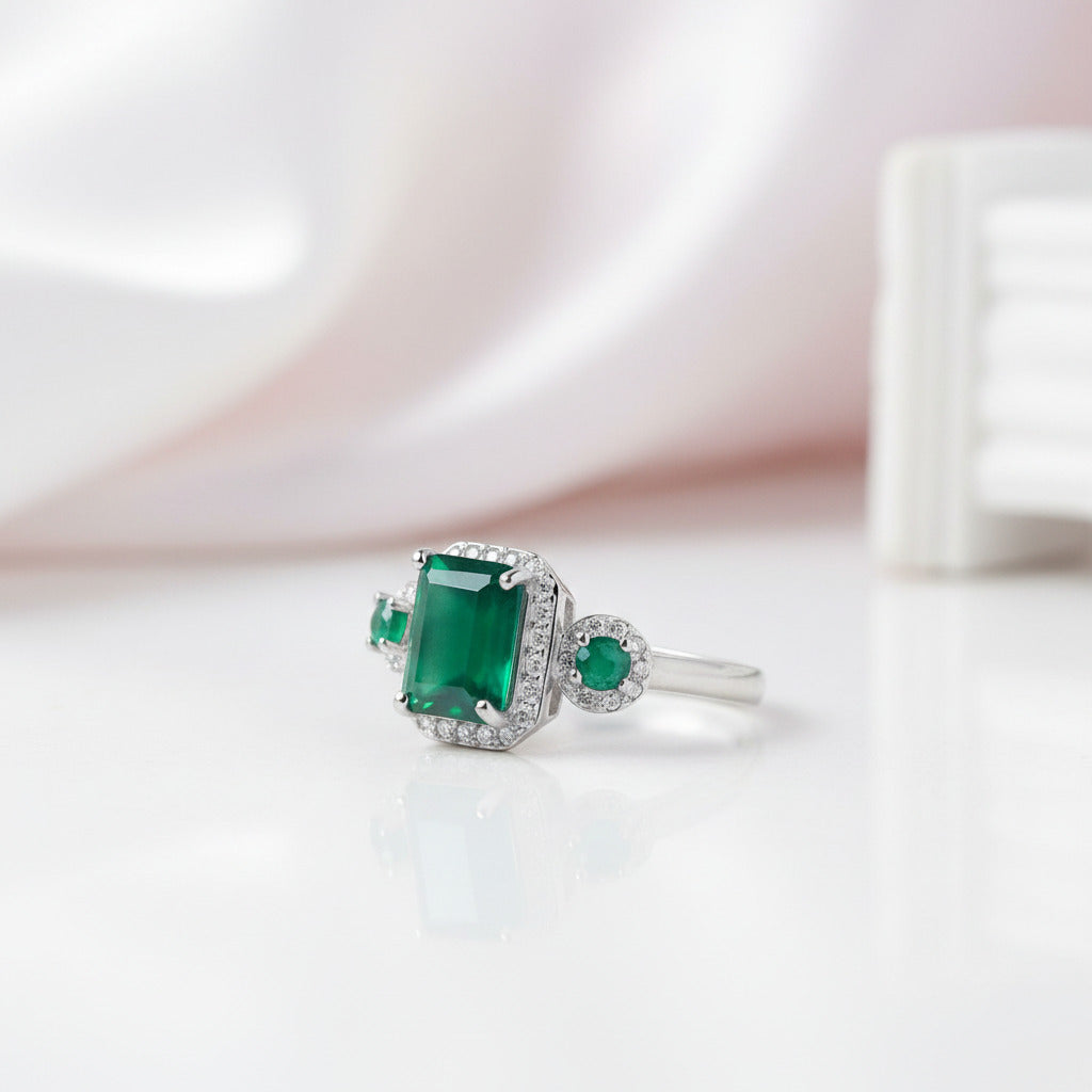 Vintage Emerald Cut Green Agate Gemstone Ring-Black Diamonds New York