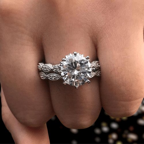 Vintage Leaf Design Round Cut Wedding Ring Set-Black Diamonds New York
