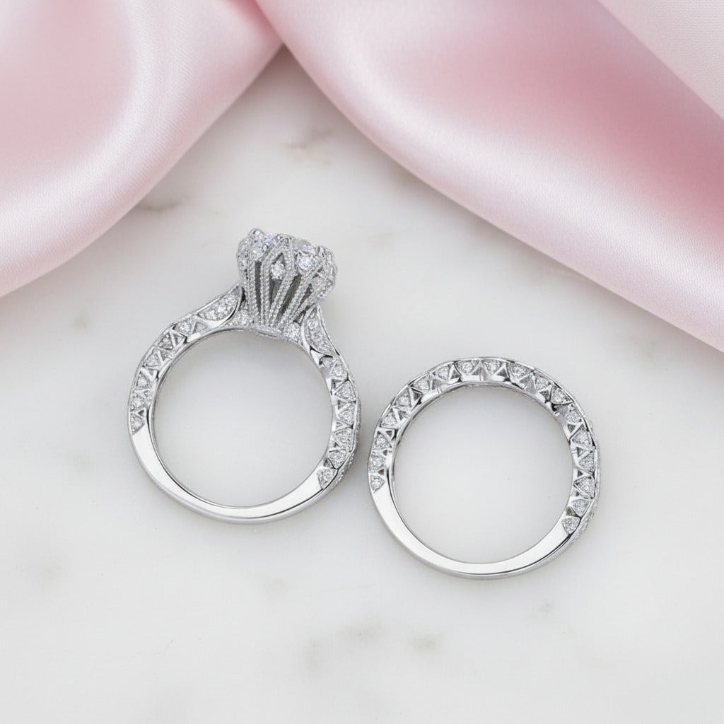 Vintage Leaf Design Round Cut Wedding Ring Set-Black Diamonds New York