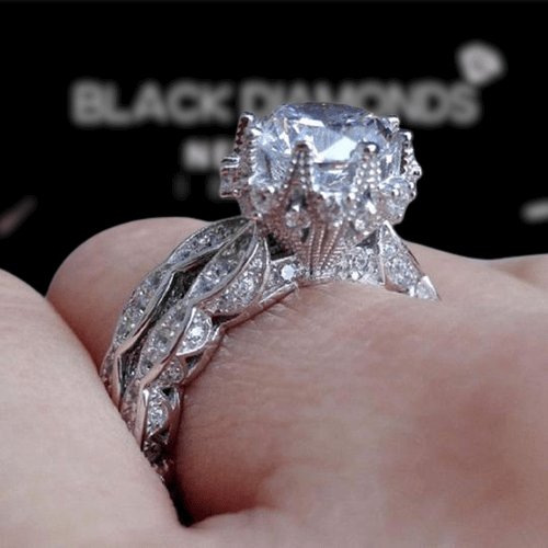 Vintage Leaf Design Round Cut Wedding Ring Set-Black Diamonds New York