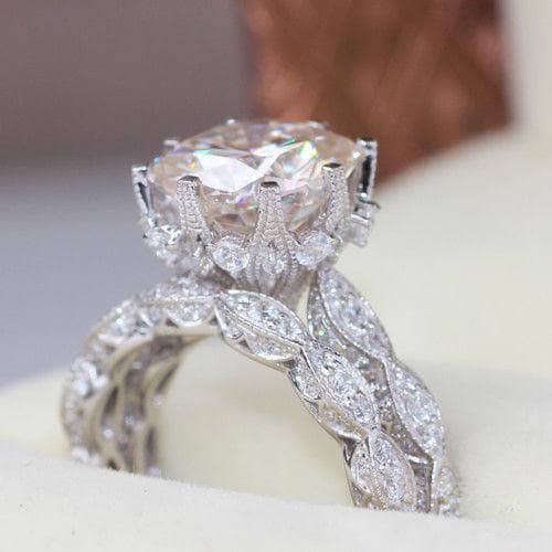 Vintage Leaf Design Round Cut Wedding Ring Set - Black Diamonds New York