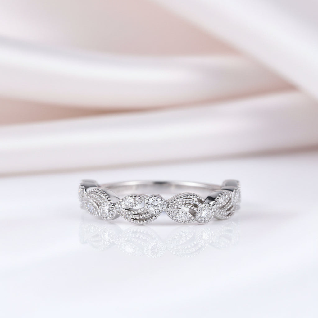 Vintage Leaf & Vine Art Deco Wedding Band-Black Diamonds New York