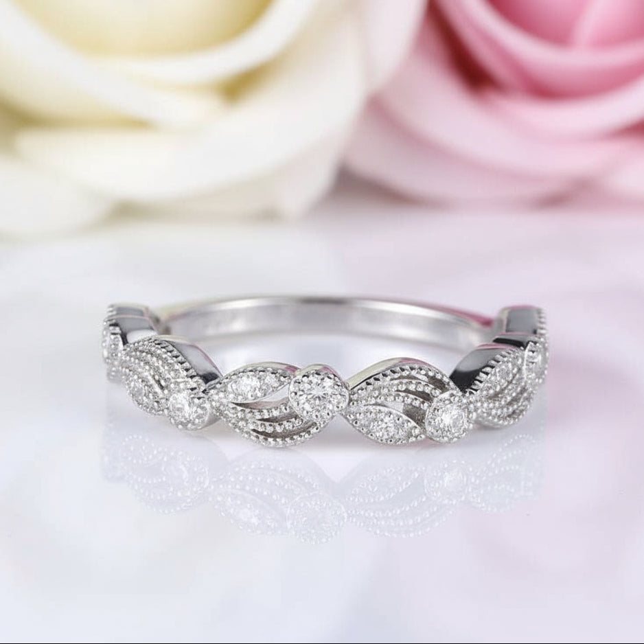 Vintage Leaf & Vine Art Deco Wedding Band-Black Diamonds New York