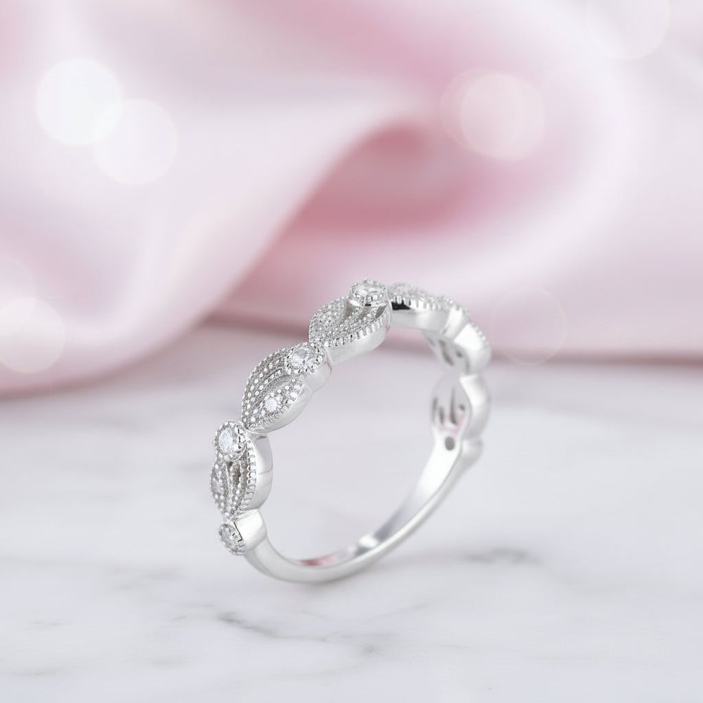 Vintage Leaf & Vine Art Deco Wedding Band-Black Diamonds New York