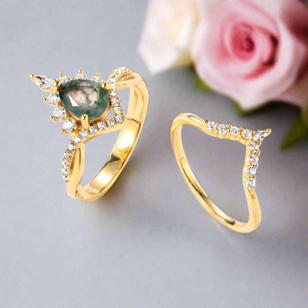 Vintage Pear cut Natural Moss Agate Wedding Ring-Black Diamonds New York