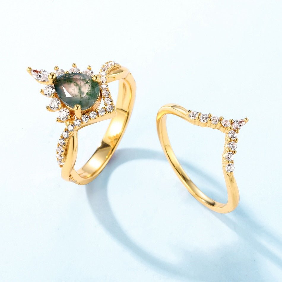 Vintage Pear cut Natural Moss Agate Wedding Ring - Black Diamonds New York