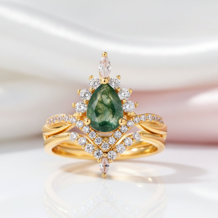 Vintage Pear cut Natural Moss Agate Wedding Ring-Black Diamonds New York