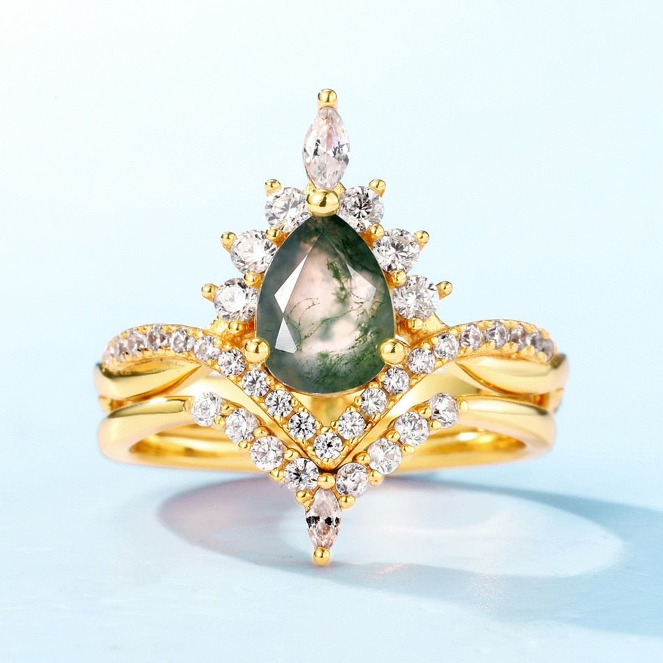 Vintage Pear cut Natural Moss Agate Wedding Ring - Black Diamonds New York