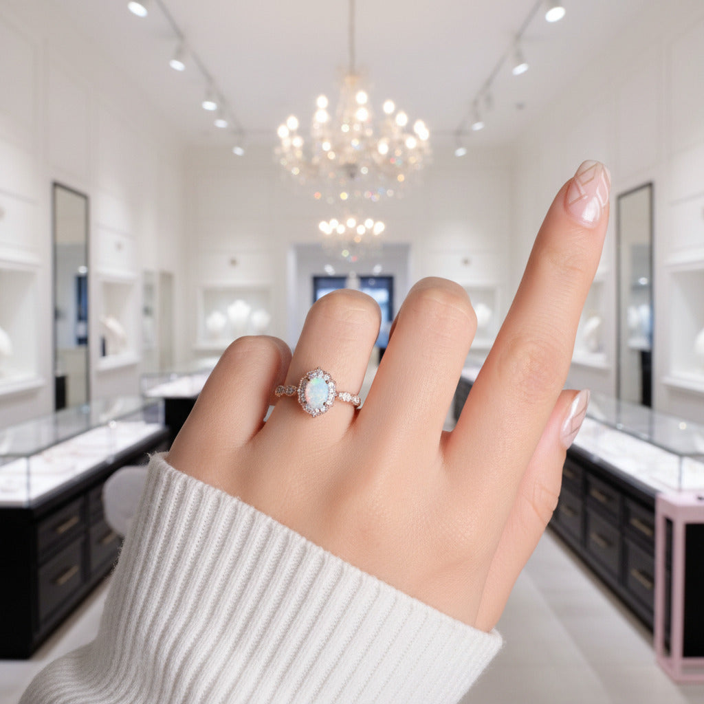 Vintage Rose Gold Oval Cut Opal Engagement Ring – Black Diamonds