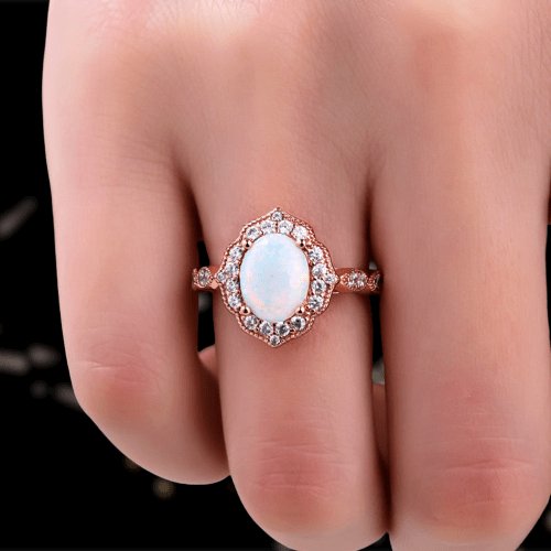 Vintage Rose Gold Oval Cut Opal Engagement Ring-Black Diamonds New York