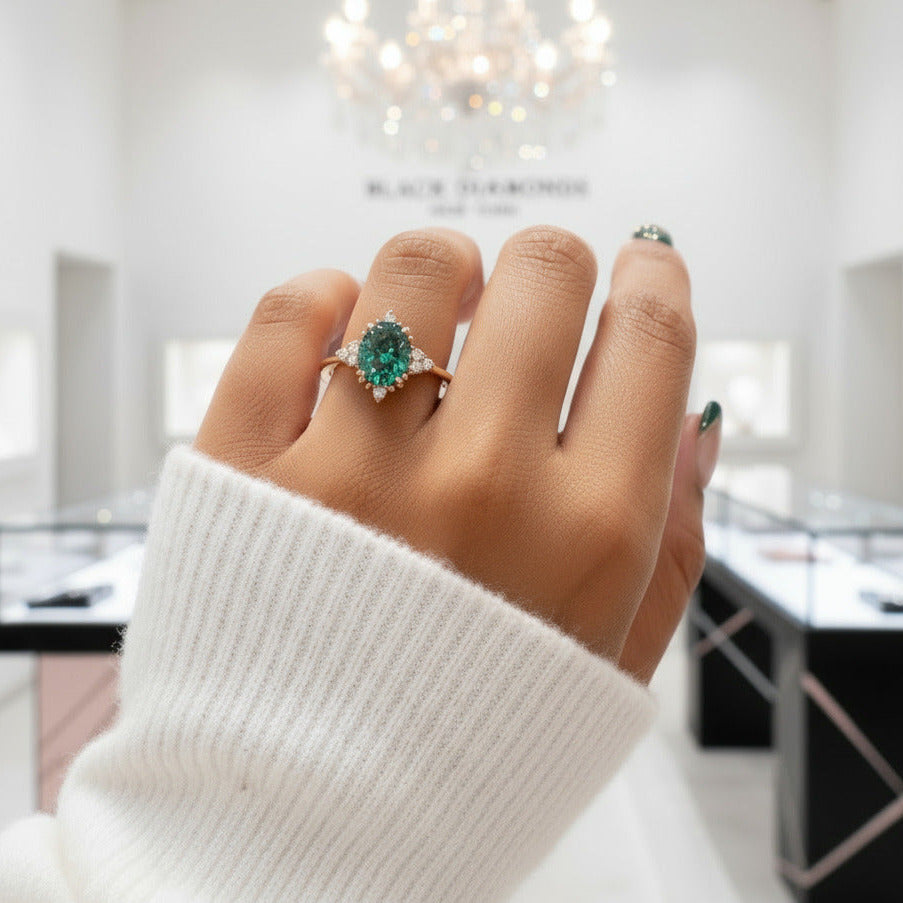 Vintage Rose Gold Oval Cut Paraiba Tourmaline Engagement Ring-Black Diamonds New York